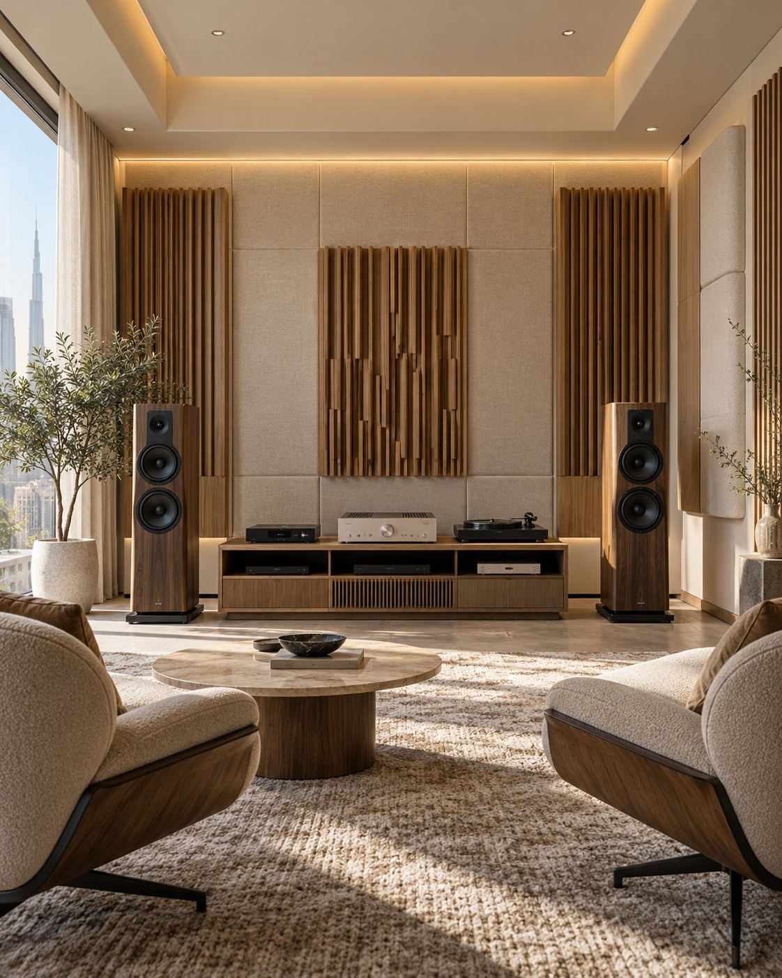 AI illustration of an acoustic listening room with floor-standing speakers
