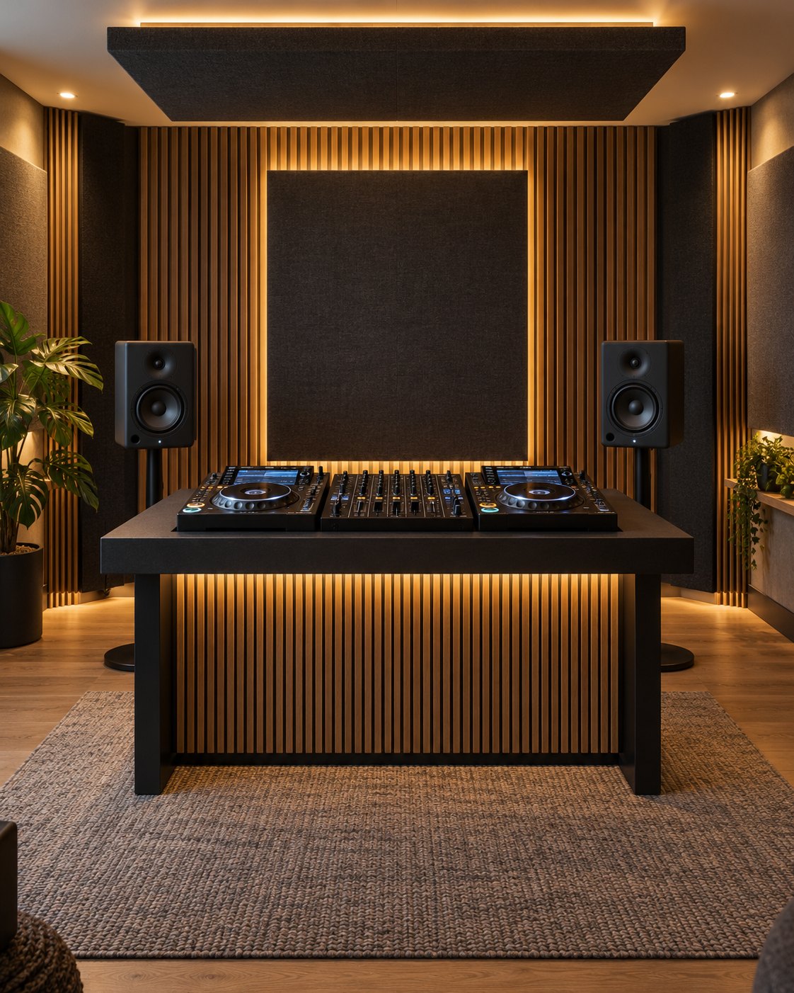 AI illustration of a private DJ room with decks, monitor speakers and acoustic panels
