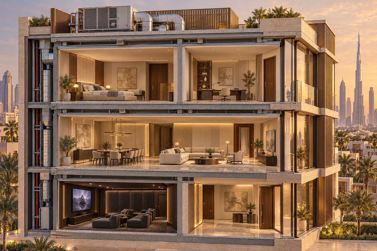 Conceptual cutaway of a contemporary Dubai residence with a rooftop air-handling unit, three interior levels, glazing, a service shaft and a private cinema.